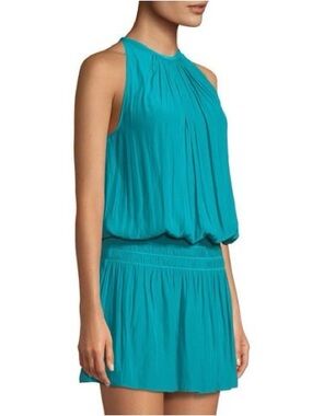 Ramy Brook Teal Sleeveless Dress Pleated Halter Neck Smocked Waist Mini Size M